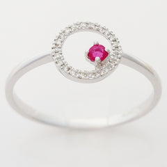 9K SOLID WHITE GOLD PETITE NATURAL RUBY HALO RING WITH 22 DIAMONDS.
