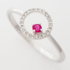 9K SOLID WHITE GOLD PETITE NATURAL RUBY HALO RING WITH 22 DIAMONDS.