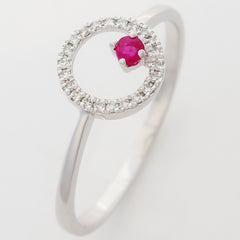 9K SOLID WHITE GOLD PETITE NATURAL RUBY HALO RING WITH 22 DIAMONDS.