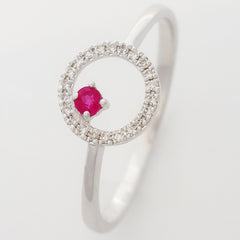 9K SOLID WHITE GOLD PETITE NATURAL RUBY HALO RING WITH 22 DIAMONDS.