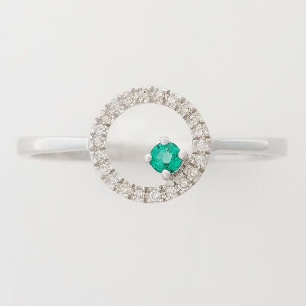9K SOLID WHITE GOLD PETITE NATURAL EMERALD HALO RING WITH 22 DIAMONDS.