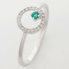 9K SOLID WHITE GOLD PETITE NATURAL EMERALD HALO RING WITH 22 DIAMONDS.