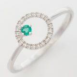 9K SOLID WHITE GOLD PETITE NATURAL EMERALD HALO RING WITH 22 DIAMONDS.