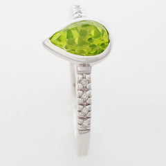 9K SOLID WHITE GOLD 0.80CT NATURAL PEAR CUT PERIDOT RING WITH 8 DIAMONDS.