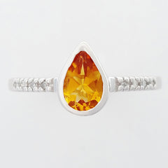 9K SOLID WHITE GOLD 0.70CT NATURAL PEAR CUT CITRINE RING WITH 8 DIAMONDS.