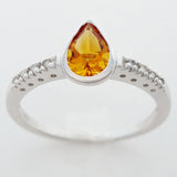 9K SOLID WHITE GOLD 0.70CT NATURAL PEAR CUT CITRINE RING WITH 8 DIAMONDS.