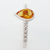 9K SOLID WHITE GOLD 0.70CT NATURAL PEAR CUT CITRINE RING WITH 8 DIAMONDS.