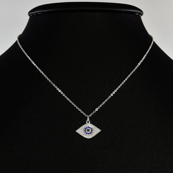 925 STERLING SILVER NECKLACE WITH BOHO SPARKLING CZ CRYSTAL EVIL EYE CHARM.