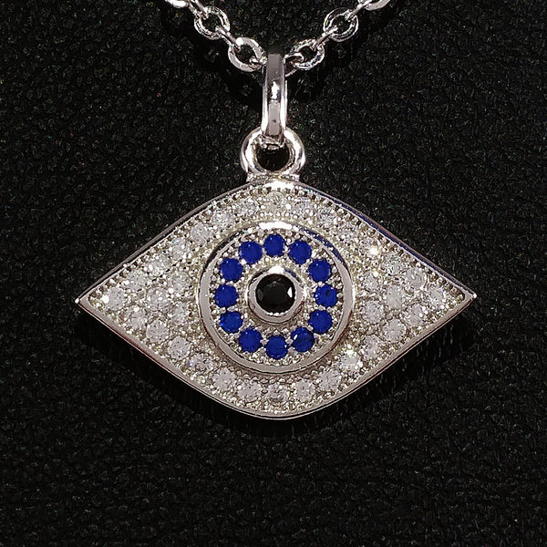925 STERLING SILVER NECKLACE WITH BOHO SPARKLING CZ CRYSTAL EVIL EYE CHARM.
