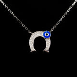 925 STERLING SILVER LUCKY HORSE SHOE EVIL EYE CHARM PENDANT SET WITH SPARKLING CZ CRYSTALS.