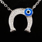 925 STERLING SILVER LUCKY HORSE SHOE EVIL EYE CHARM PENDANT SET WITH SPARKLING CZ CRYSTALS.