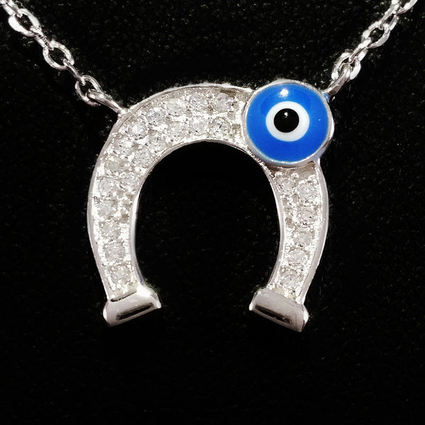 925 STERLING SILVER LUCKY HORSE SHOE EVIL EYE CHARM PENDANT SET WITH SPARKLING CZ CRYSTALS.