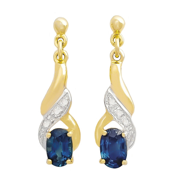 9K SOLID GOLD 1.20CT NATURAL BLUE SAPPHIRE AND 6 DIAMOND DROP DANGLE EARRINGS.