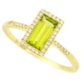 9K SOLID YELLOW GOLD 0.80CT NATURAL EMERALD CUT PERIDOT RING WITH 38 DIAMONDS.