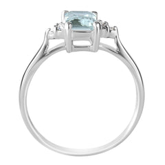9K SOLID WHITE GOLD 0.90CT NATURAL EMERALD CUT AQUAMARINE + 6 DIAMOND RING.