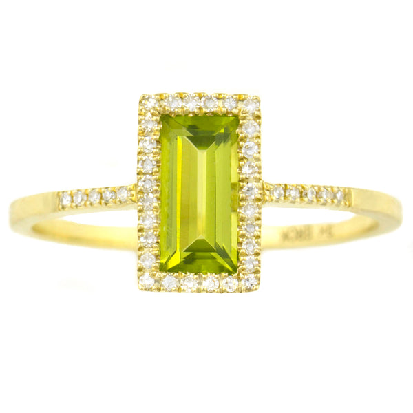 9K SOLID YELLOW GOLD 0.80CT NATURAL EMERALD CUT PERIDOT RING WITH 38 DIAMONDS.