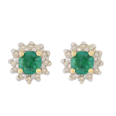 HANDMADE 9K SOLID GOLD 0.30CT NATURAL EMERALD STUD EARRINGS WITH 24 DIAMONDS.