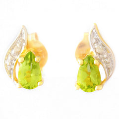 9K SOLID GOLD 0.45CT NATURAL PERIDOT AND DIAMOND STUD EARRINGS.