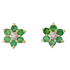 9K SOLID GOLD 0.30CT NATURAL EMERALD AND DIAMOND FLORAL CLUSTER EARRINGS.