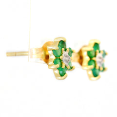 9K SOLID GOLD 0.30CT NATURAL EMERALD AND DIAMOND FLORAL CLUSTER EARRINGS.