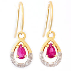 9K SOLID GOLD 0.55CT NATURAL RUBY EARRINGS WITH FOUR DIAMONDS.