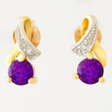 9K SOLID GOLD 0.92CT AMETHYST AND DIAMOND STUD EARRINGS.