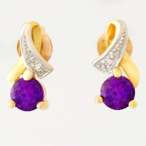9K SOLID GOLD 0.92CT AMETHYST AND DIAMOND STUD EARRINGS.