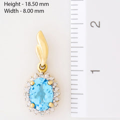 9K SOLID GOLD 1.70CT SWISS BLUE TOPAZ EARRINGS WITH EIGHT DIAMONDS.
