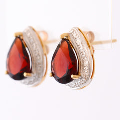9K SOLID GOLD 4.30CT NATURAL PEAR CUT GARNET EARRINGS WITH EIGHT DIAMONDS.