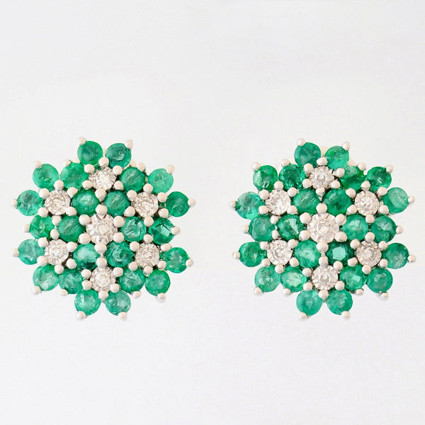 9K SOLID WHITE GOLD 1.00CT NATURAL EMERALD CLUSTER EARRINGS WITH 14 DIAMONDS.