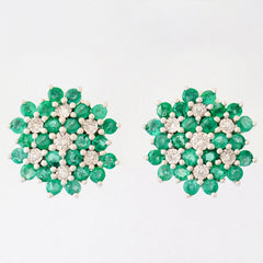 9K SOLID WHITE GOLD 1.00CT NATURAL EMERALD CLUSTER EARRINGS WITH 14 DIAMONDS.