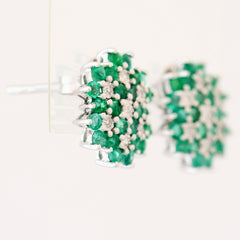 9K SOLID WHITE GOLD 1.00CT NATURAL EMERALD CLUSTER EARRINGS WITH 14 DIAMONDS.