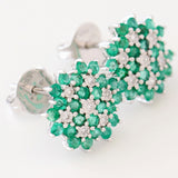 9K SOLID WHITE GOLD 1.00CT NATURAL EMERALD CLUSTER EARRINGS WITH 14 DIAMONDS.