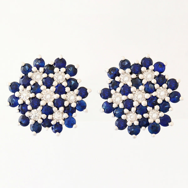 9K SOLID WHITE GOLD 1.30CT NATURAL SAPPHIRE CLUSTER EARRINGS WITH 14 DIAMONDS.