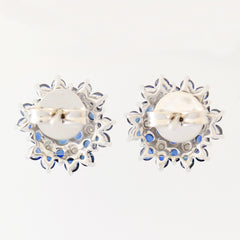 9K SOLID WHITE GOLD 1.30CT NATURAL SAPPHIRE CLUSTER EARRINGS WITH 14 DIAMONDS.