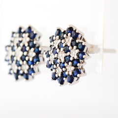 9K SOLID WHITE GOLD 1.30CT NATURAL SAPPHIRE CLUSTER EARRINGS WITH 14 DIAMONDS.
