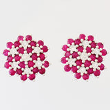 9K SOLID WHITE GOLD 1.20CT NATURAL RUBY CLUSTER EARRINGS WITH 14 DIAMONDS.