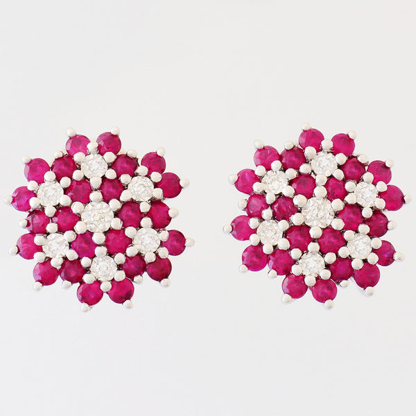 9K SOLID WHITE GOLD 1.20CT NATURAL RUBY CLUSTER EARRINGS WITH 14 DIAMONDS.