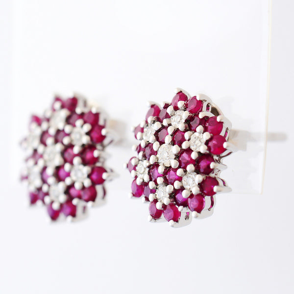 9K SOLID WHITE GOLD 1.20CT NATURAL RUBY CLUSTER EARRINGS WITH 14 DIAMONDS.