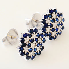 9K SOLID WHITE GOLD 1.30CT NATURAL SAPPHIRE CLUSTER EARRINGS WITH 14 DIAMONDS.