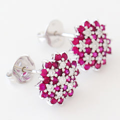 9K SOLID WHITE GOLD 1.20CT NATURAL RUBY CLUSTER EARRINGS WITH 14 DIAMONDS.