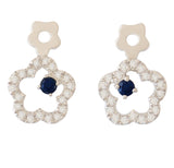 9K SOLID WHITE GOLD FLORAL INSPIRED NATURAL SAPPHIRE EARRINGS WITH 40 DIAMONDS.