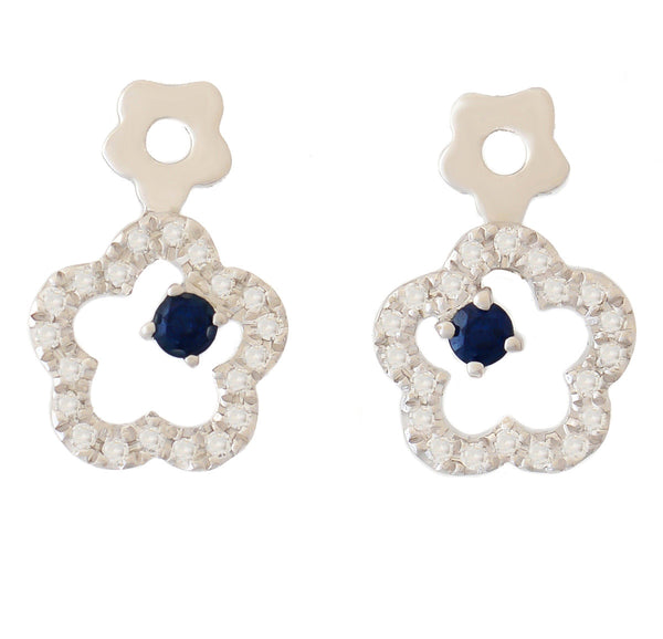 9K SOLID WHITE GOLD FLORAL INSPIRED NATURAL SAPPHIRE EARRINGS WITH 40 DIAMONDS.