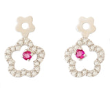 9K SOLID WHITE GOLD FLORAL INSPIRED NATURAL RUBY EARRINGS WITH 40 DIAMONDS.
