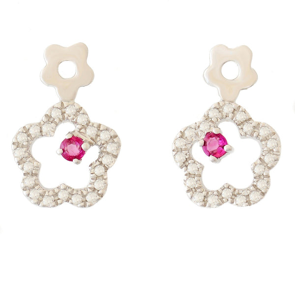 9K SOLID WHITE GOLD FLORAL INSPIRED NATURAL RUBY EARRINGS WITH 40 DIAMONDS.