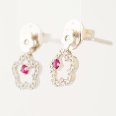 9K SOLID WHITE GOLD FLORAL INSPIRED NATURAL RUBY EARRINGS WITH 40 DIAMONDS.