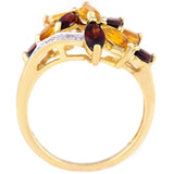 9K SOLID GOLD 2.10CT CITRINE & GARNET RETRO STYLE COCKTAIL RING WITH 4 DIAMONDS.