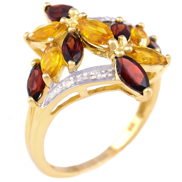 9K SOLID GOLD 2.10CT CITRINE & GARNET RETRO STYLE COCKTAIL RING WITH 4 DIAMONDS.