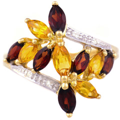 9K SOLID GOLD 2.10CT CITRINE & GARNET RETRO STYLE COCKTAIL RING WITH 4 DIAMONDS.
