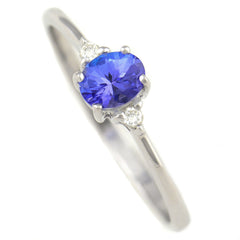 9K SOLID WHITE GOLD 0.30CT NATURAL OVAL TANZANITE RING WITH 2 DIAMONDS.